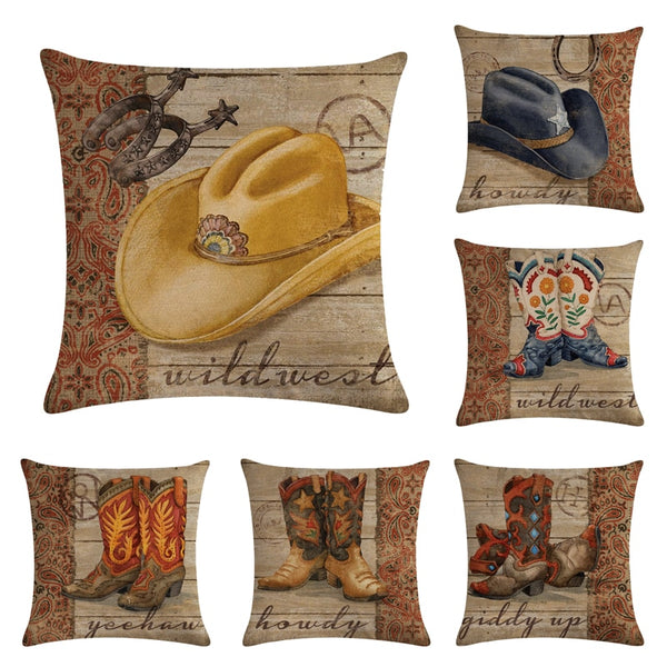Cowboy Shoes Hat Pattern Cotton Linen Throw Pillow
