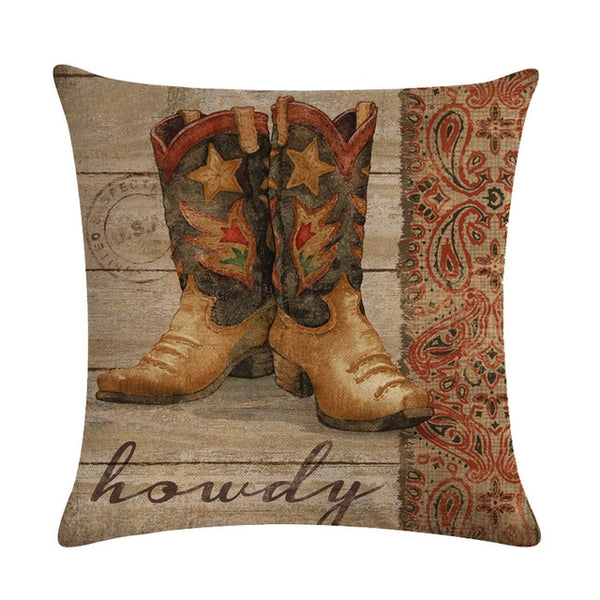 Cowboy Shoes Hat Pattern Cotton Linen Throw Pillow