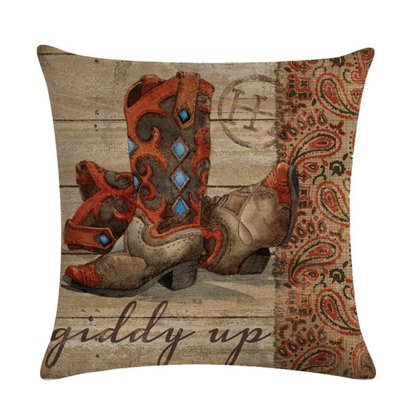 Cowboy Shoes Hat Pattern Cotton Linen Throw Pillow