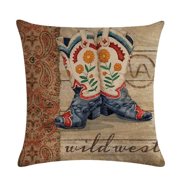 Cowboy Shoes Hat Pattern Cotton Linen Throw Pillow