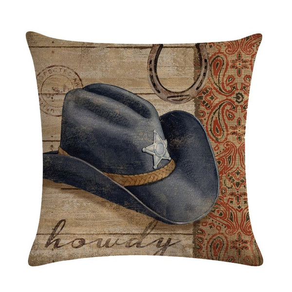 Cowboy Shoes Hat Pattern Cotton Linen Throw Pillow