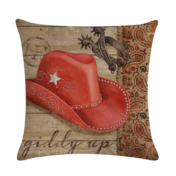 Cowboy Shoes Hat Pattern Cotton Linen Throw Pillow