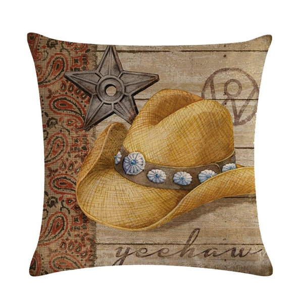 Cowboy Shoes Hat Pattern Cotton Linen Throw Pillow