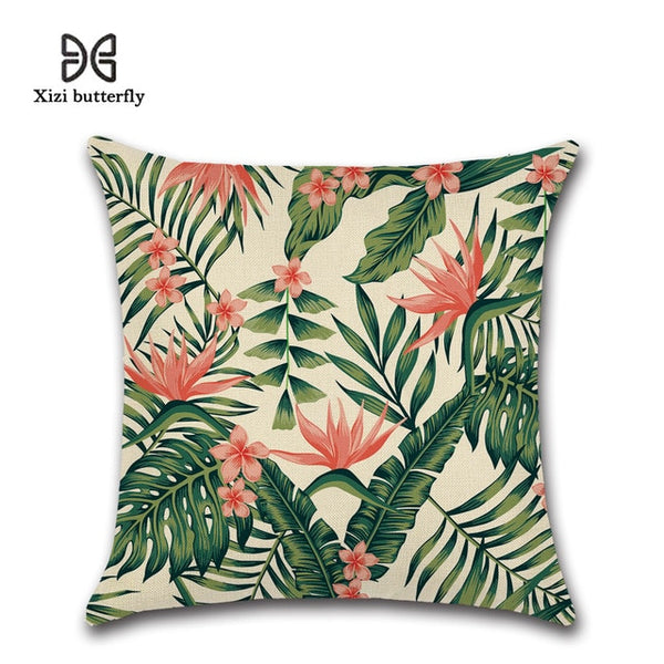Tropical Plants Cushion Covers Hibiscus Flower Linen Pillow Case