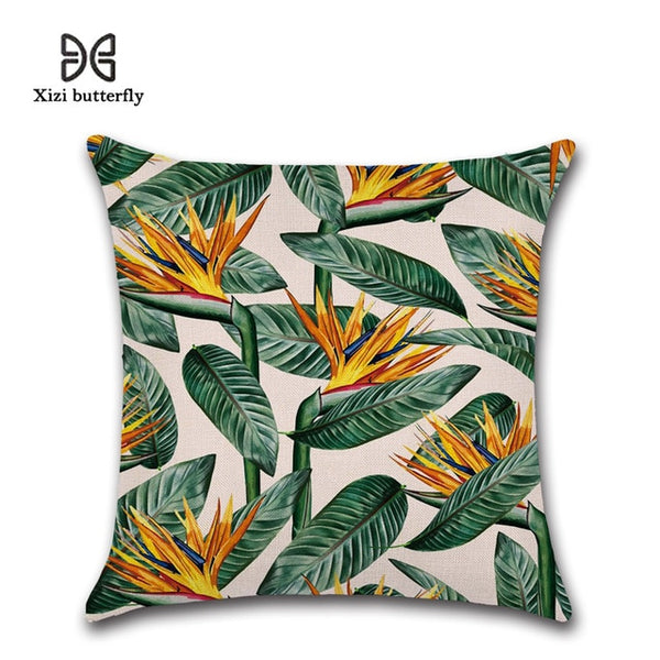 Tropical Plants Cushion Covers Hibiscus Flower Linen Pillow Case